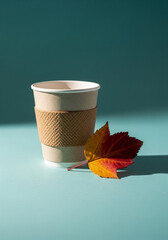 Eco-Friendly Coffee Cup with Autumn Leaf on Teal Background