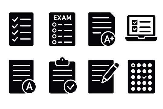 Exam and test paper icon set. Vector black symbols of academic assessment and grades