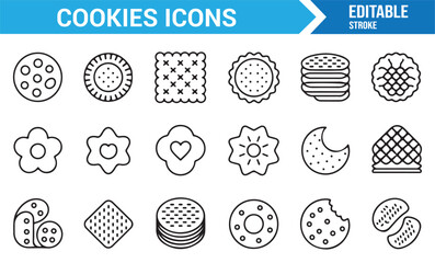 Sweet bakery cookie outline icons set for dessert and pastry illustrations