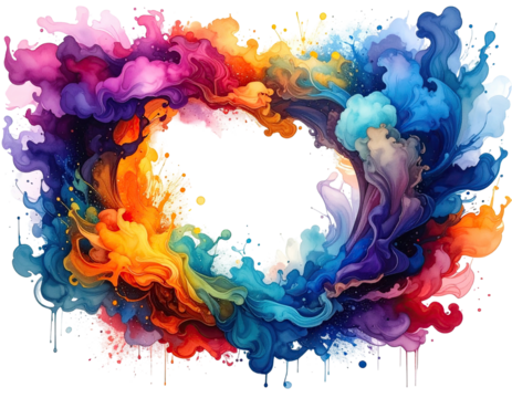 Abstract swirling colors in a circular frame, with a dark void in the center.  Colorful paint splotches and drips form a vibrant, dynamic composition