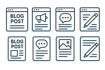 Blog post and content creation icon set. Vector line art symbols of online writing