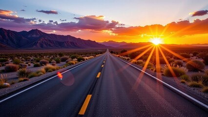 Obraz premium Sun sets over a desert road in Arizona, casting long shadows and vibrant colors across the landscape, dusk, america