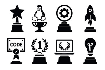 Coding and programming awards icon set. Vector black symbols of developer achievements