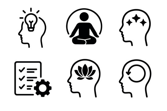 Mindfulness and focus icon set. Vector line art symbols of mental clarity and meditation