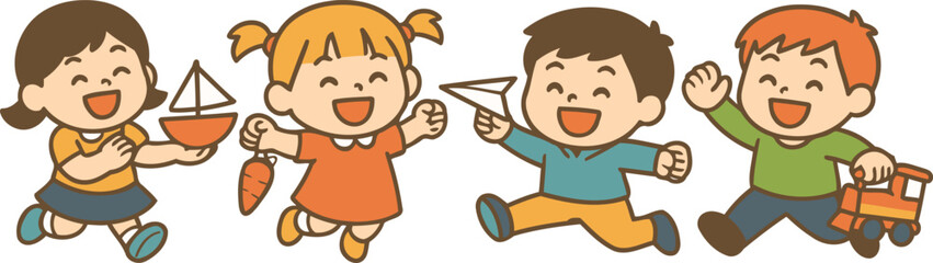 Cute cartoon vector of joyful children playing with a sailboat, paper plane, carrot, and toy train; cheerful group scene for preschool posters, school materials, and educational content.