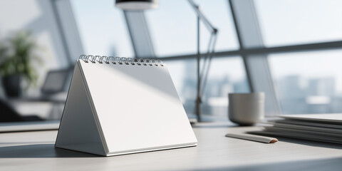 Triangular desk calendar mockup on an office desk setup, photographed in natural daylight. Ultra-realistic product shot ideal for branding and stationery presentation.