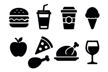 Food and drink icon set. Vector black symbols of fast food, meals, and beverages