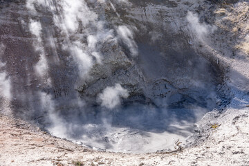 Mud Volcano area,  Yellowstone National Park, Wyoming. A mud volcano or mud dome is a landform created by the eruption of mud or slurries, water and gases


