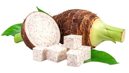 Fresh taro root, halved and cubed, with leaves