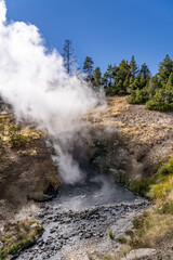 Dragon's Mouth Spring, Mud Volcano area,  Yellowstone National Park, Wyoming. A mud volcano or mud dome is a landform created by the eruption of mud or slurries, water and gases


