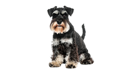A black and silver-gray miniature dog, sitting, facing forward.  Sharp focus on the dog