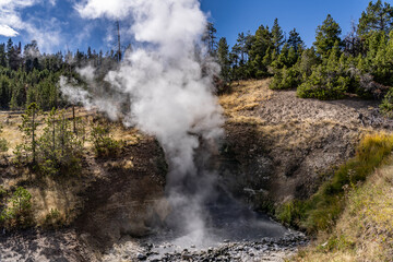 Dragon's Mouth Spring, Mud Volcano area,  Yellowstone National Park, Wyoming. A mud volcano or mud dome is a landform created by the eruption of mud or slurries, water and gases


