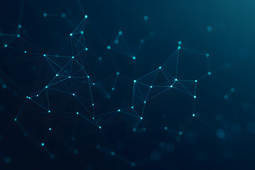 Glowing data network with interconnected nodes and lines on dark blue background