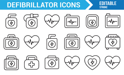 Line art medical defibrillator icons for doctor, patient, and hospital themes