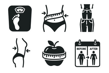 Weight loss and diet icon set. Vector black symbols of slimming and healthy body