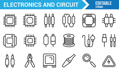 Electronics and circuit line icons set for technology and engineering concepts