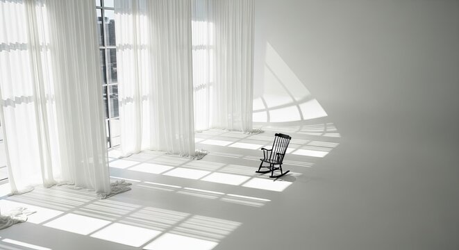 Sunlight Streams Through Sheer Curtains Into an Empty Room