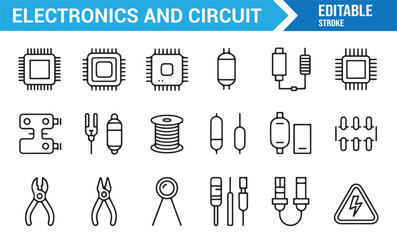 Modern vector electronics icon collection with chips, resistors, and connectors