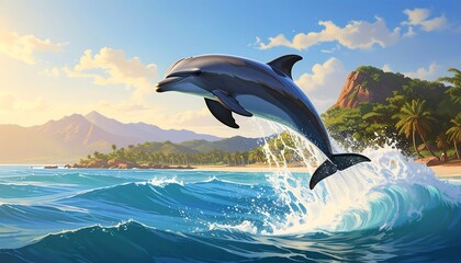 A Beautiful Dolphin Leaping Out of the Ocean in a Tropical Paradise