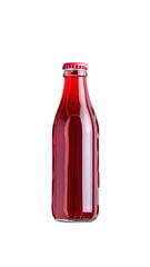 A red beverage in a glass bottle