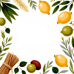 A colorful illustration featuring traditional harvest festival symbols, including lemons, green olives, and various leaves, set within a decorative frame with a blank space in the center for text or d