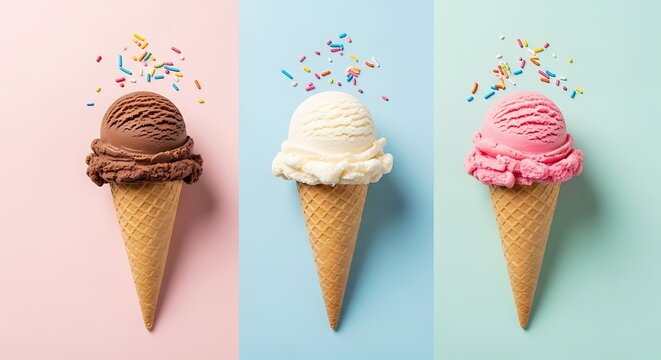 Three delicious ice cream cones with colorful sprinkles on a pastel background, perfect for a summer treat
