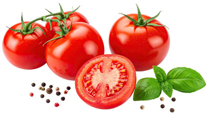 Fresh, vibrant tomatoes, sliced, and whole, with basil leaves and peppercorns