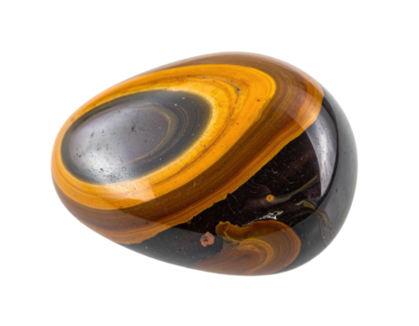 Polished, oval-shaped gemstone with concentric bands of amber and dark hues