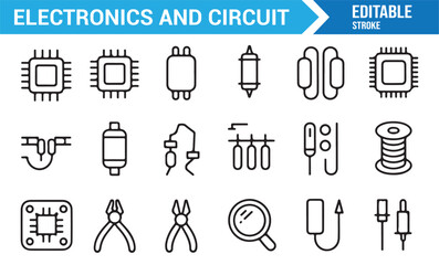 Linear vector technology icons with wires, devices, and electronic symbols