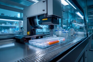 A robotic liquid handling system is precisely transferring liquids in a laboratory. Clear glass plates are arranged, showing a sterile and organized workspace