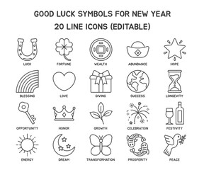 Minimal line icon set of 20 good luck symbols for New Year, editable. Perfect for planners, calendars, greeting cards, and festive graphic design.