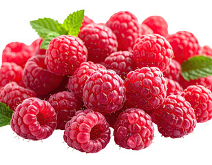 Close-up cluster of plump, vibrant red raspberries. Fresh, juicy berries with green leaves