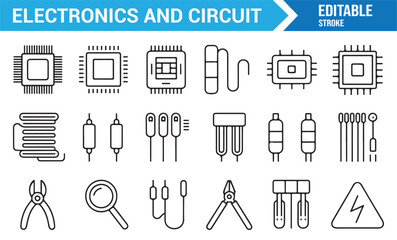 Minimal vector set of electronics icons showing transistor, cable, and diode