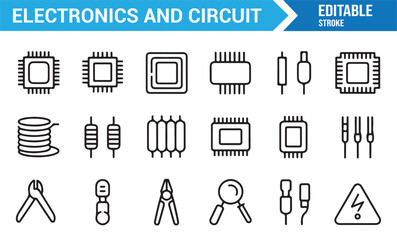Vector outline electronic components including chip, wire, and resistor symbols