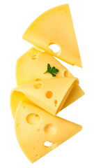 Slices of yellow cheese, slightly curved,  with holes and a sprig of green herb
