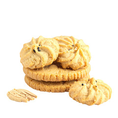 Stacked cookies, light golden brown, with a slightly textured surface.  Small, dark specks are visible on some