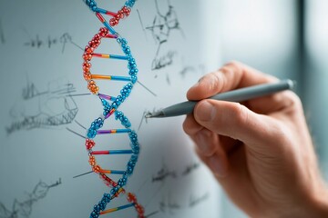 A researcher is sketching a detailed DNA double helix on a chalkboard using colorful markers. The lab is bright and filled with scientific drawings, highlighting the process of exploration