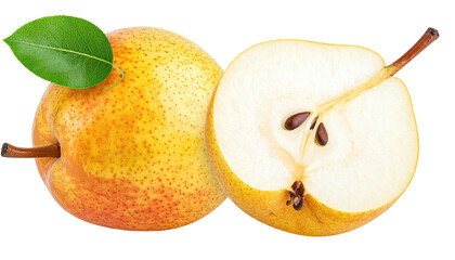 Two whole and half pears, vibrant yellow-orange with a few red speckles, and a green leaf