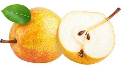 Two whole and half pears, vibrant yellow-orange with a few red speckles, and a green leaf