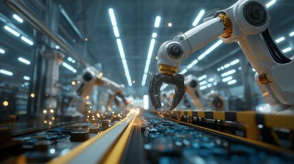 Industrial robot arms working on an assembly line with sparks. Manufacturing automation, precision handling, Industry 4.0 production.