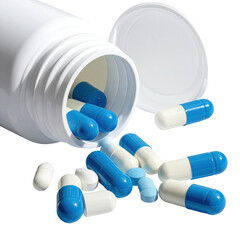 White plastic pill bottle with open lid, spilling blue and white capsules
