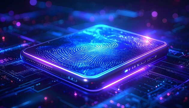 Digital fingerprint scan on a futuristic smartphone screen with neon blue and purple lights