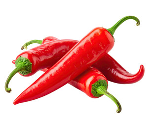 Three vibrant red chili peppers, crossed,  displaying their pointed ends and green stems against a black background