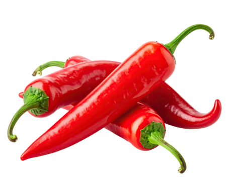 Three vibrant red chili peppers, crossed,  displaying their pointed ends and green stems against a black background