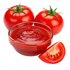 Red tomatoes and ketchup in a small glass bowl. Fresh, ripe tomatoes and a bowl of ketchup, close up