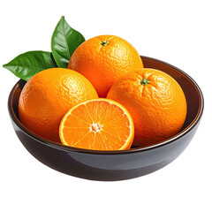 Three whole oranges and one sliced orange in a dark brown bowl, topped with leaves