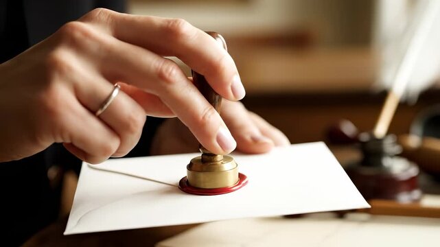 A woman uses a seal to close an envelope while the seal and envelope are prominently featured. The woman applies pressure on the seal, ensuring the envelope remains securely shut.