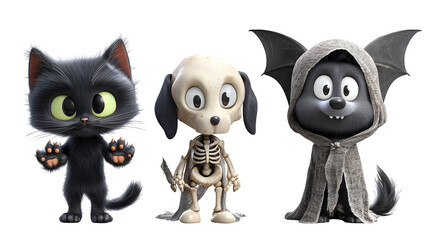 Whimsical cartoon trio of a black cat, skeleton dog, and cloaked bat character ready for Halloween fun. Perfect for Halloween Designs