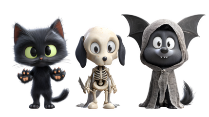 Whimsical cartoon trio of a black cat, skeleton dog, and cloaked bat character ready for Halloween fun. Perfect for Halloween Designs