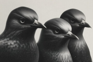 Three black birds in detailed illustration